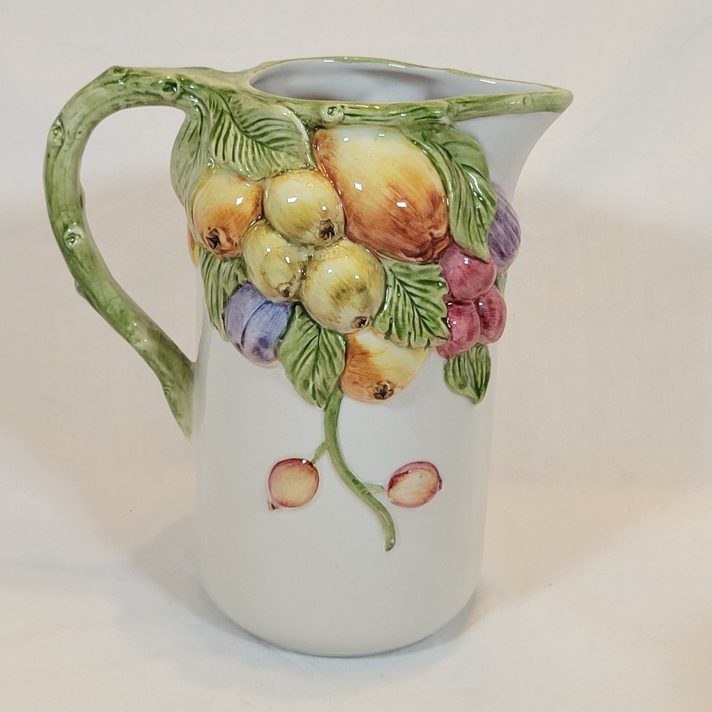 Vintage Italian Ceramic Pitcher with Fruit Motif Orange Green Ceramic Jug